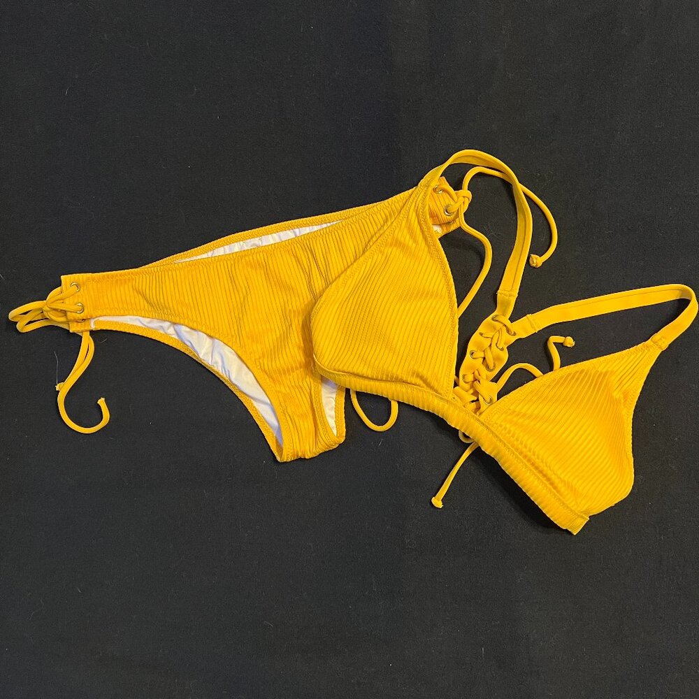 PINK Yellow Lace Up Triangle Bikini Top and Bottoms (S/M)
